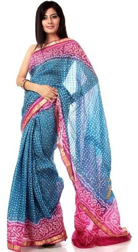 Blue Pink Cotton Bandhni Sarees For Ladies, Trusted Quality, Eye Catching Design, Appealing Look, Machine Made, Zari Kundan Work, Printed Pattern, Skin Friendly, Soft Texture