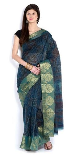 Summer Blue Zari Border Gadwal Embroidered Sarees For Ladies, Superior Quality, Elegant Design, Eye Catchy Look, Printed Pattern, Skin Friendly, Soft Texture, Comfortable To Wear