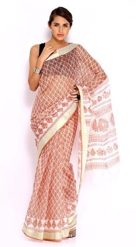 Gadwal Pure Cotton Sarees For Ladies, Premium Quality, Delicate Design, New Look, Printed Pattern, Skin Friendly, Soft Texture, Comfortable To Wear, Peach Color