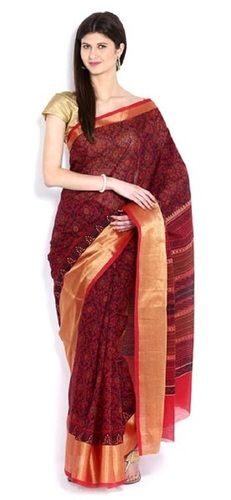 Summer Maroon Zari Border Gadwal Embroidery Sarees For Ladies, Trusted Quality, Innovative Design, Trendy Look, Printed Pattern, Skin Friendly, Soft Texture, Comfortable To Wear