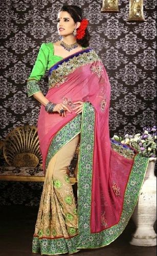 Winter Pink And Beige Net Embroidered Sarees For Ladies, Superior Quality, Stylish Design, Stylish Look, Printed Pattern, Skin Friendly, Soft Texture, Comfortable To Wear