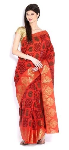 Summer Red Zari Border Gadwal Embroidery Sarees For Ladies, Fine Quality, Precise Design, Gorgeous Look, Printed Pattern, Skin Friendly, Soft Texture, Comfortable To Wear