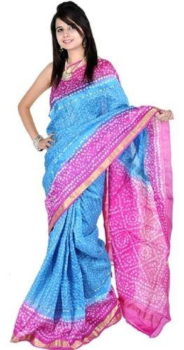 Winter Sky Blue And Pink Pure Silk Bandhani Sarees For Ladies, Consumer Winning Quality, Compact Design, Appealing Look, Machine Made, Zari Kundan Work, Printed Pattern, Skin Friendly, Soft Texture