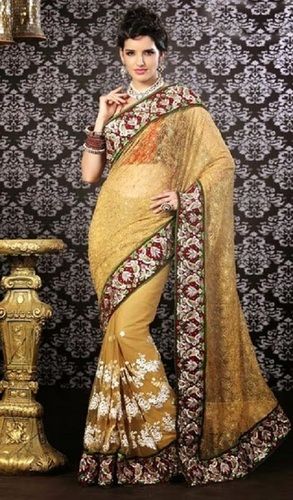 Tortila Brown Net Embroidered Sarees For Ladies, High Quality, Contemporary Design, Comfort Look, Printed Pattern, Skin Friendly, Soft Texture, Comfortable To Wear