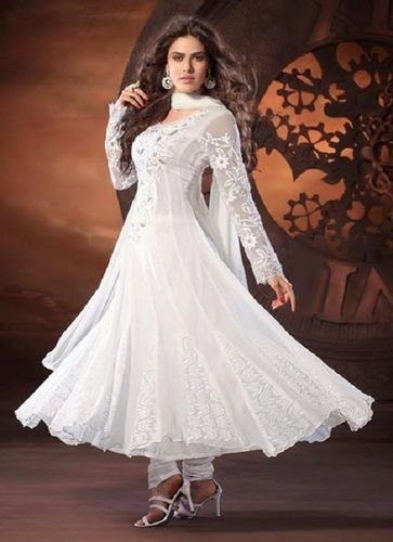 White Cotton Embroidered Gown For Ladies, Full Sleeves, Standard Quality, Trendy Design, Stylish Look, Skin Friendly, Soft Texture, Comfortable To Wear, Size : L, M, Xl Age Group: 18+