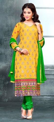 Yellow Cotton Embroidered Salwar Suit For Ladies, Full Sleeves, V Neck, A Grade Quality, Eye Catching Design, Smart Look, Skin Friendly, Soft Texture, Comfortable To Wear, Size : L, M, Xl