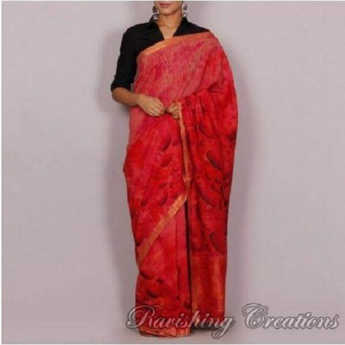 Summer Hand Painted Handloom Cotton Sarees For Ladies, Printed Pattern, Good Quality, Captivate Design, Splendid Look, Soft Texture, Skin Friendly, Comfortable To Wear, Red Color