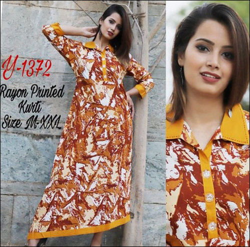 Green Ladies Rayon Shirt Collar Printed Kurti