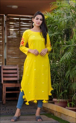 Ladies Rayon Yellow Designer Casual Wear Kurti