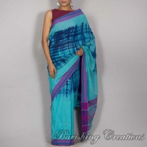 Sky Blue Shibori Cotton Saree For Ladies, Printed Pattern, Supreme Quality, Exquisite Design, Trendy Look, Soft Texture, Skin Friendly, Comfortable To Wear