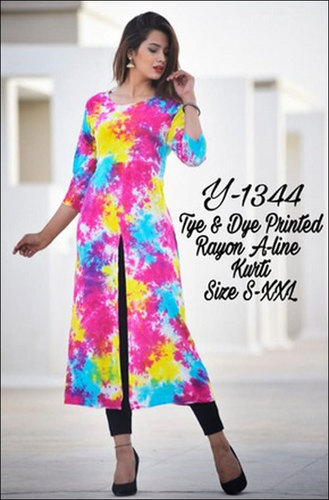 ग्रीन टाई और डाई प्रिंटेड रेयॉन ए लाइन कुर्ती