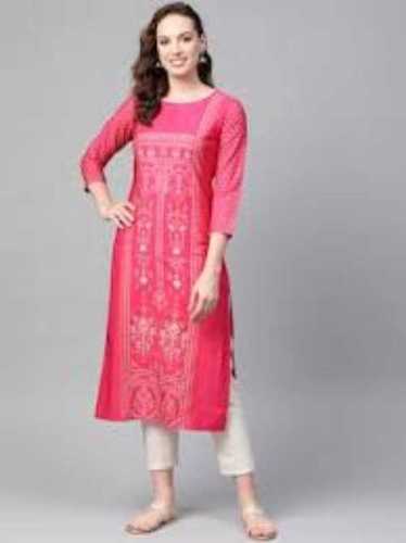 Red 3/4Th Sleeve Printed Round Neck Ladies Kurti