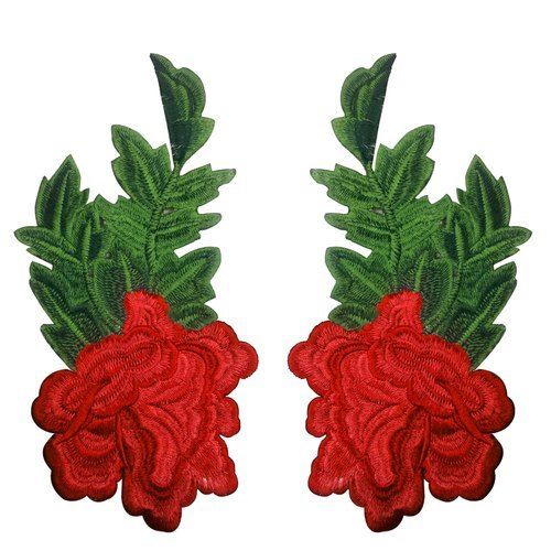 Eco-Friendly Garments Use 7 By 4 Inch Size Red Green Color Rose Flower Embroidered Patches