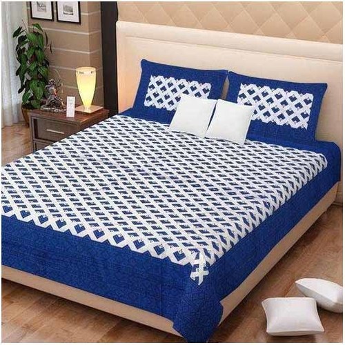 Double Bed Sheet - 100% Cotton, 90x108 Inch | Breathable Blue & White Printed Design, Machine Washable for Home & Hotel Use