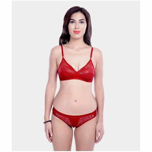 Ladies Honeymoon Wear Red Cotton Lace Lingerie Set Size: All