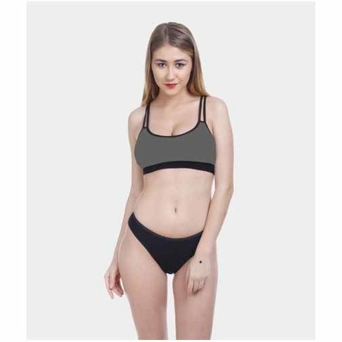 Cotton Ladies Pink And Black Sport Bra Panty Set