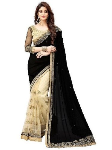 Spring Black With Cream Embroidered Georgette Silk Sarees For Ladies, Plain Pattern, Premium Quality, Delicate Design, Gorgeous Look, Soft Texture, Skin Friendly, Comfortable To Wear