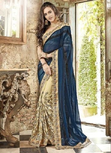 Summer Cream And Blue Embroidered Georgette Sarees For Ladies, Plain Pattern, Standard Quality, Excellent Design, Stunning Look, Soft Texture, Skin Friendly, Comfortable To Wear