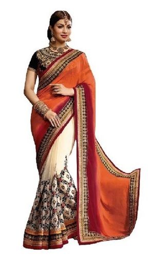 Cream And Orange Embroidered Silk Sarees For Ladies, Plain Pattern, Optimum Quality, Contemporary Design, Eye Catchy Look, Soft Texture, Skin Friendly, Comfortable To Wear