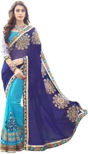 Summer Cyan And Blue Georgette Sarees For Ladies, Stone Work, Plain Pattern, Top Quality, Exquisite Design, Contemporary Look, Soft Texture, Skin Friendly, Comfortable To Wear