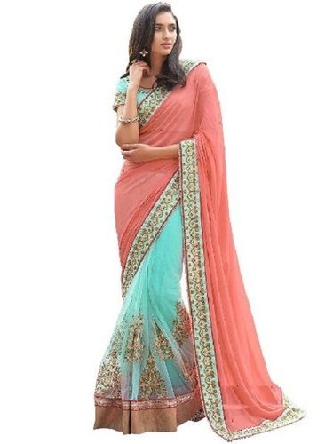 Summer Cyan And Peach Designer Georgette Sarees For Ladies, Embroidery Work, Plain Pattern, Premium Quality, Captivate Design, Stylish Look, Soft Texture, Skin Friendly, Comfortable To Wear