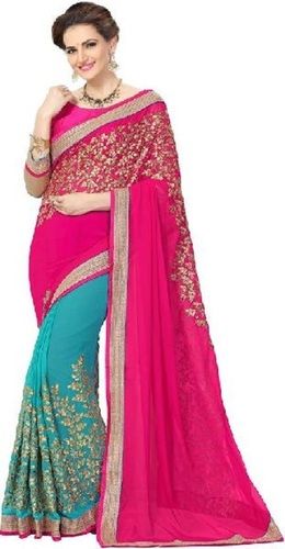 Summer Cyan And Pink Embroidered Georgette Silk Sarees For Ladies, Printed Pattern, Consumer Winning Quality, Trendy Design, Appealing Look, Soft Texture, Skin Friendly, Comfortable To Wear