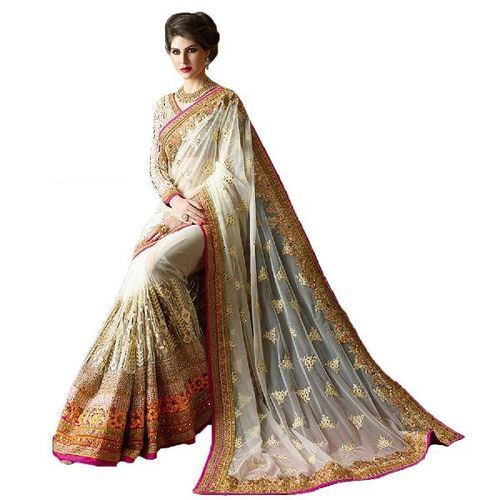 Summer Embroidered Faux Georgette Silk Sarees For Ladies, Plain Pattern, Optimum Quality, Eye Catching Design, Smart Look, Soft Texture, Skin Friendly, Comfortable To Wear, Off White With Golden Color