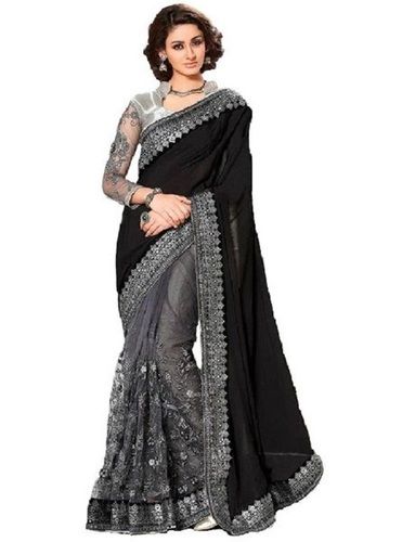 Summer Gray And Black Net Sarees For Ladies, Embroidery Work, Plain Pattern, Trusted Quality, Precisely Design, Appealing Look, Soft Texture, Skin Friendly, Comfortable To Wear, Size : 6.3 Meter