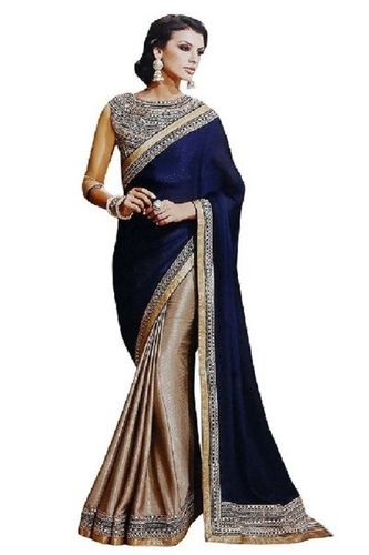 Navi Blue With Beige Polyester Silk Sarees For Ladies, Plain Pattern, High Quality, Exotic Design, Trendy Look, Soft Texture, Skin Friendly, Comfortable To Wear