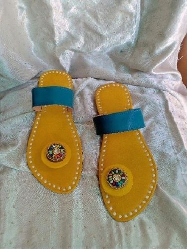 Yellow And Turquoise Colour Fancy Handmade Leather One Toe Slipper For Ladies, Fine Quality, Precisely Design, Appealing Look, Easy To Walk, High Grip, Nice Structure, Light Weight, Footwear 