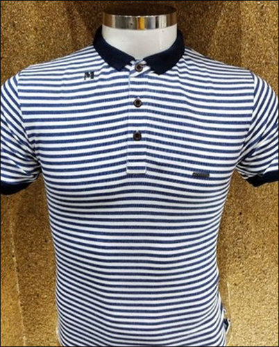 Mens Cotton Striped Half Sleeve Collar T-Shirt - Casual Wear , Available in Multiple Colors and Sizes