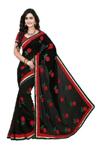 Summer Tafeta Silk Georgette Saree With Blouse For Ladies, Embroidered Pattern, Top Quality, Excellent Design, Stunning Look, Soft Texture, Skin Friendly, Well Stitched, Black Color