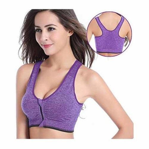 Cotton Ladies Plain Blue Zipper Sports Bra