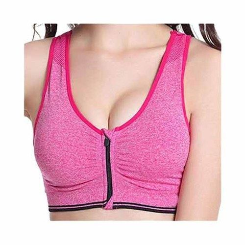 Cotton Ladies Plain Pink Zipper Sports Bra