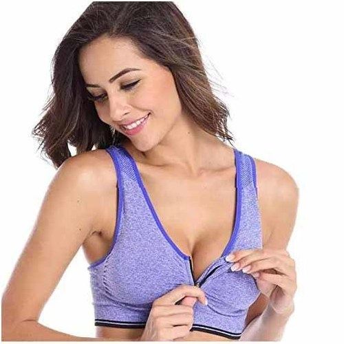 Cotton Ladies Plain Sky Blue Zipper Sports Bra