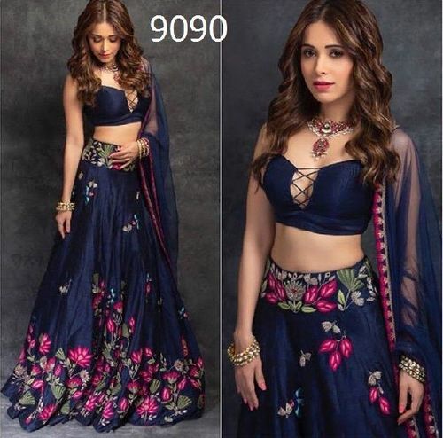 Navi Blue Digital Dandiya Unstitched Embroidery Bangalori Silk Lehenga Choli For Ladies, Premium Quality, Trendy Design, Eye Catchy Look, Soft Texture, Skin Friendly, Well Stitched, Comfortable To Wear