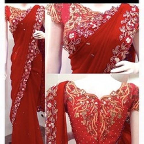 Plain Red Embroidery Work With Lace Work Georgette Saree For Ladies, Top Quality, Excellent Design, Stunning Look, Soft Texture, Skin Friendly, Well Stitched, Comfortable To Wear