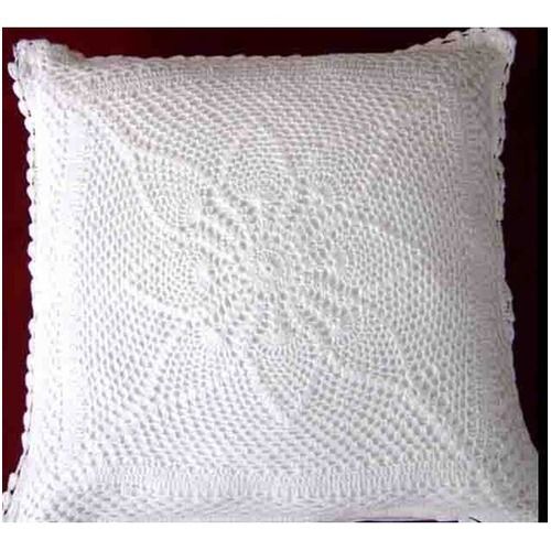 White Square Shape Cotton Flower Design Crochet Cushion Cover