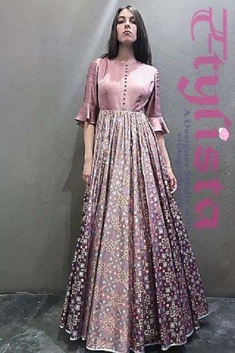 Mauve Purple 3/4 Sleeves Designer Printed Gown With Breath Taking Look