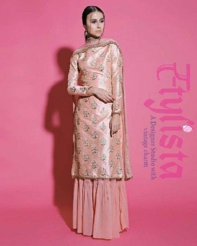 Peach Full Sleeves Cotton Printed Sharara Suits