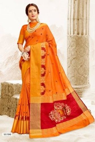 Summer 55190 Orange Garba Silk Embroidered Saree With Out Blouse Piece 