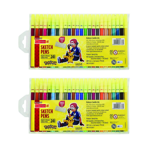 Camlin Bright & Vibrant Color Bold Tip Sketch Pens with Free Stencil( 24  Shades)