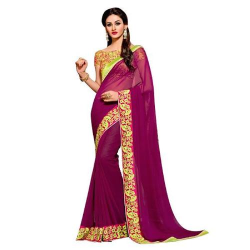 Dark Pink Georgette Designer Plain Sarees With Embroidered Work