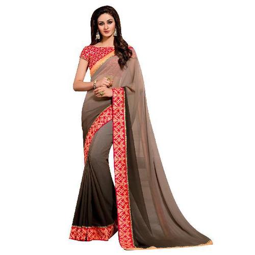 Grey And Red Georgette Designer Plain Sarees With Embroidered Work