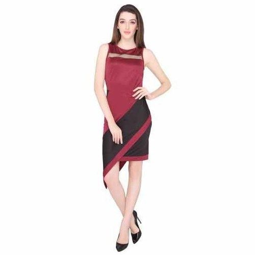 Ladies Fancy Maroon and Black Sleeveless Bodycon Dress