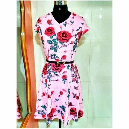 White Ladies Floral Print V Neck Thigh Length Frock Dress