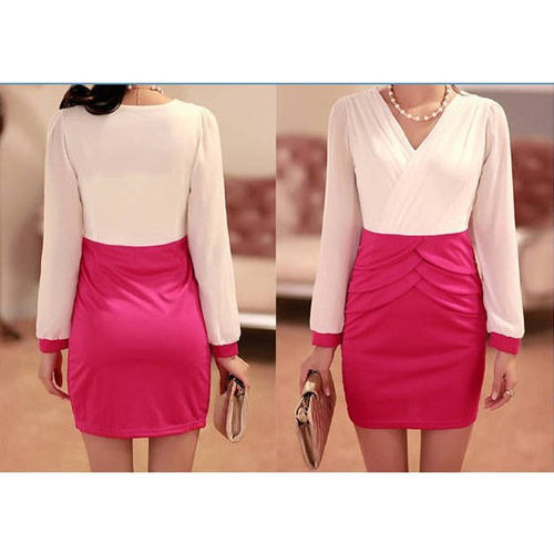 Washable Ladies Formal Full Sleeves Slim Fit Pink And White Western Bodycon Dress