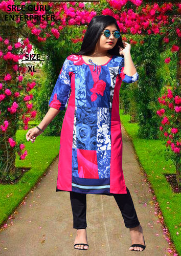 Pink And Blue Color Mixed Printed Pattern Ladies Rayon Kurti