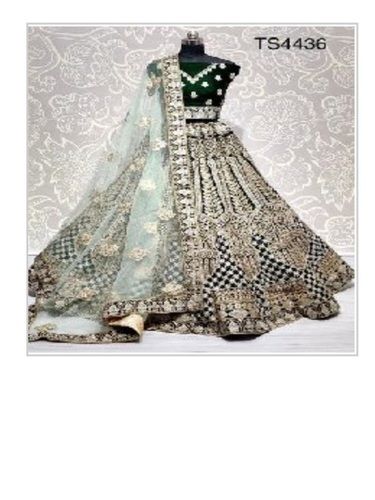 No Fade Semi Stiched Green Velvet Lehenga Choli