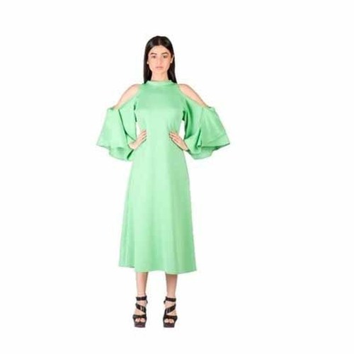 Ladies Calf Length Cold Shoulder Dress - Loose Fit, Frill Sleeves, Breathable Cotton Blend, Machine Washable, Plain Pattern, Summer Wear, Available in Sizes XS to XL